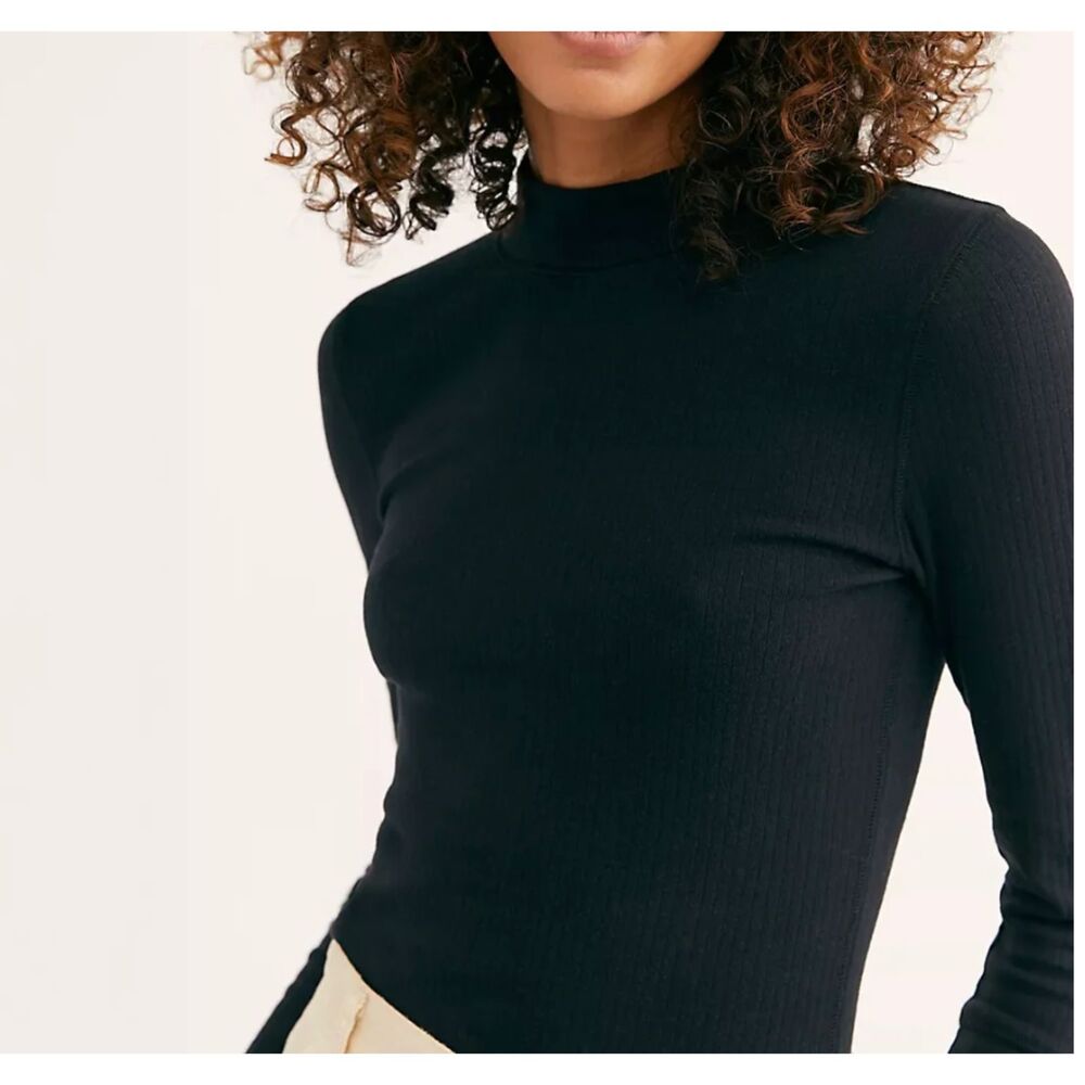Free People Ribbed Mock Neck Long Sleeve Top Size XS Black - The Rickie Top